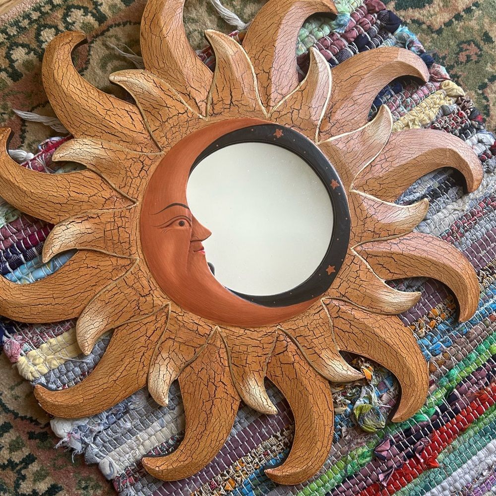 Vintage 90s 19.5” Handcarved Celestial Sun Moon Stars Wall Mirror Indonesia